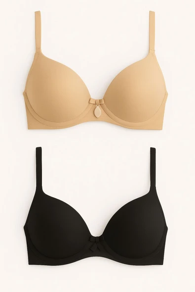 Dolgulu Balenli Fiyonklu Sütyen 2’li Set,Siyah,Ten – Şık ve Rahat ürün görseli