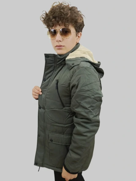 Erkek Kışlık Çıkma Kapüşonlu Haki Kaban Parka - Resim 3