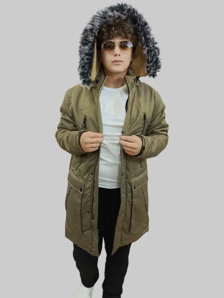 Erkek Kürklü Çıkma Kapüşonlu İçi Kürklü Kanvas Haki Parka Kaban - 6