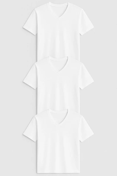 Erkek Pamuklu Günlük V Yaka T-Shirt 3'lü Set Beyaz - Resim 2