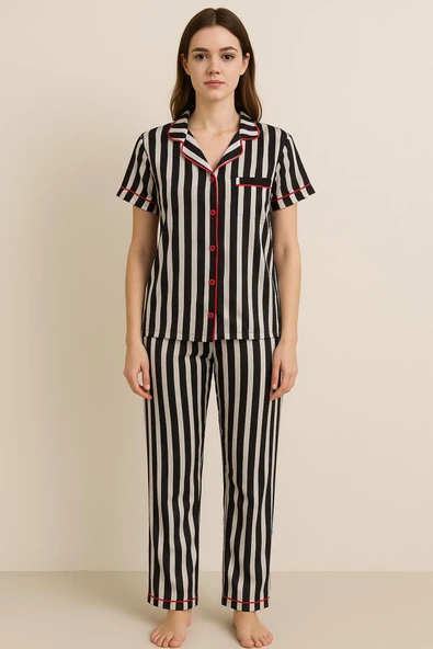Kadın Pamuklu Siyah Çizgili Pijama Takımı ürün görseli