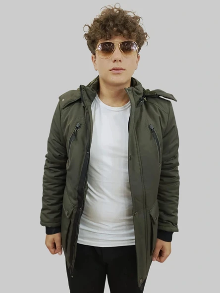 Erkek Kışlık Çıkma Kapüşonlu Haki Kaban Parka - Resim 6