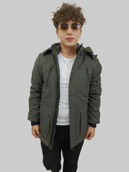 Erkek Kışlık Çıkma Kapüşonlu Koyu Yeşil Kaban Parka ürün görseli