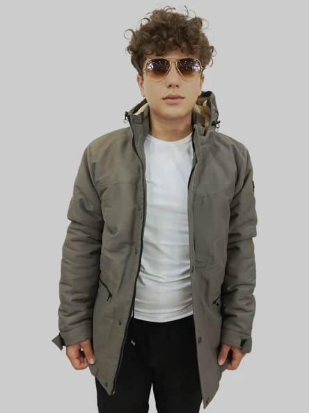 Erkek Kışlık İçi Kürklü Sabit Kapüşonlu Vizon Kaban Parka - Resim 6