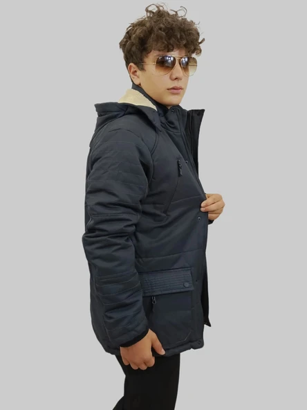 Erkek Çıkma Kapüşonlu İçi Kürklü Kanvas Antrasit Parka Kaban - 7