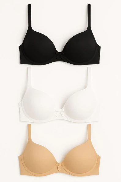 Dolgulu Balenli Fiyonklu Sütyen 3’lü Set,Siyah,Beyaz,Ten Rengi – Şık ve Rahat ürün görseli