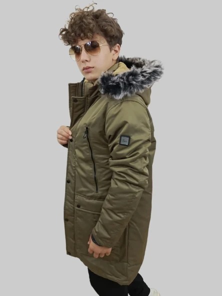 Erkek Kürklü Çıkma Kapüşonlu İçi Kürklü Kanvas Haki Parka Kaban - 4