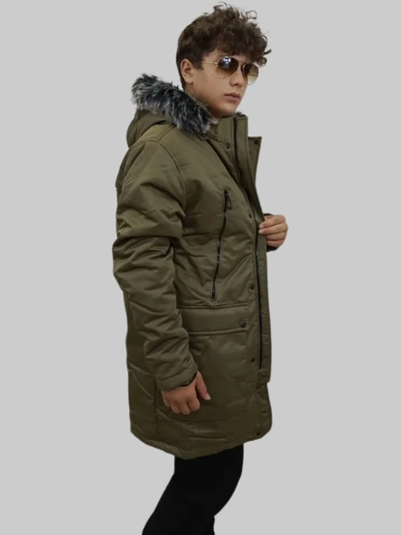 Erkek Kürklü Çıkma Kapüşonlu İçi Kürklü Kanvas Haki Parka Kaban - 3