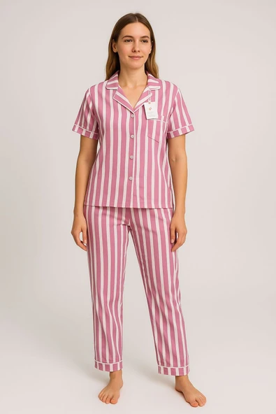 Kadın Pamuklu Beyaz Çizgili Pijama Takımı ürün görseli
