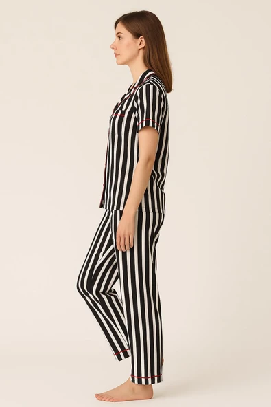 Kadın Pamuklu Siyah Çizgili Pijama Takımı - Resim 3