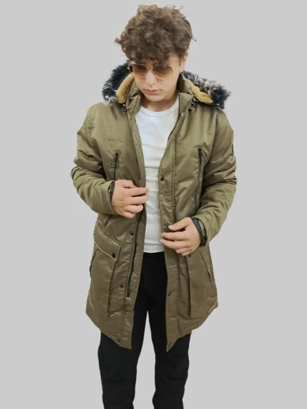 Erkek Kürklü Çıkma Kapüşonlu İçi Kürklü Kanvas Haki Parka Kaban - 2