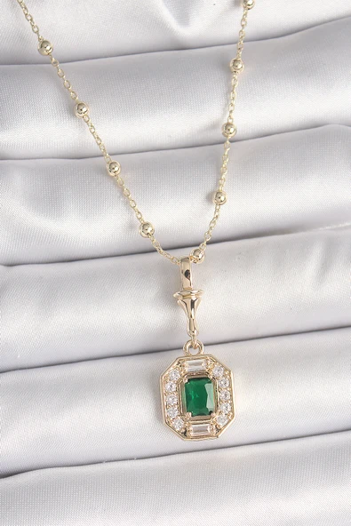 Pirinç Gold Renk Zirkon Taşlı Topçuk Zincir Serenay Model Kadın Kolye - TJ-BKO9902 ürün görseli 1