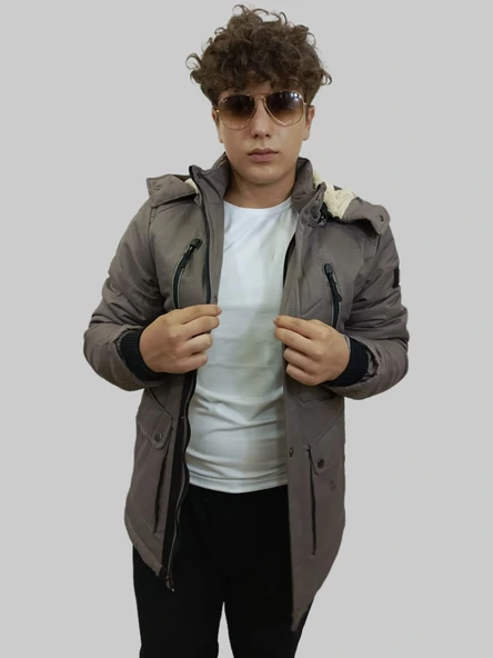 Erkek Kışlık Çıkma Kapüşonlu Vizon Kaban Parka - 1