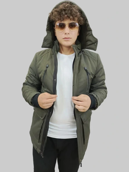Erkek Kışlık Çıkma Kapüşonlu Haki Kaban Parka - Resim 7