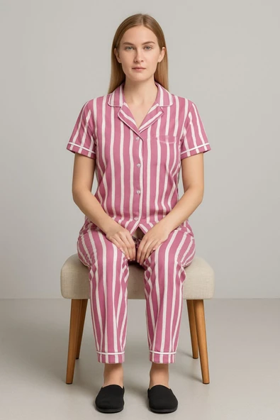 Kadın Pamuklu Beyaz Çizgili Pijama Takımı - Resim 4