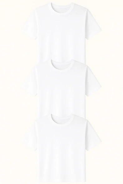 Erkek Pamuklu Basic Beyaz T-shirt 3'lü Set - Resim 2
