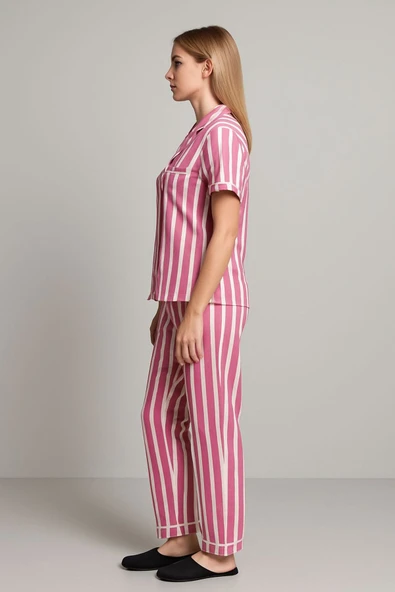 Kadın Pamuklu Beyaz Çizgili Pijama Takımı - Resim 2