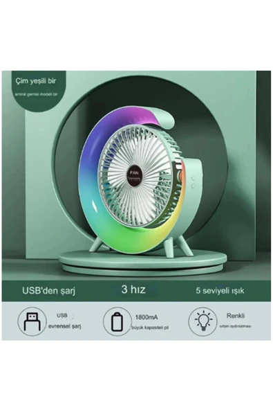 Masaüstü Vantilatör Usb Şarjlı Rgb Led Işıklı 3 Kademeli 180° Ayarlanabilir Soğutucu Fan Yeşil ürün görseli 1