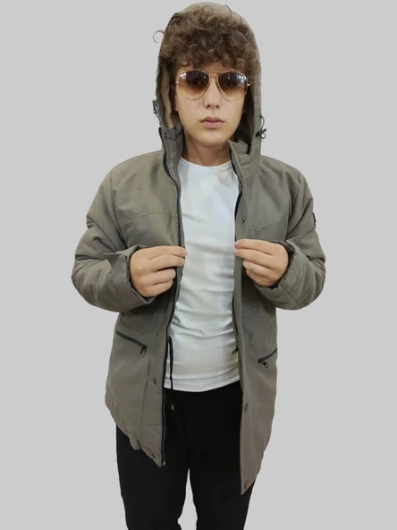 Erkek Kışlık İçi Kürklü Sabit Kapüşonlu Vizon Kaban Parka - Resim 5