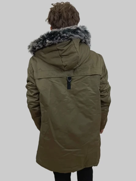 Erkek Kürklü Çıkma Kapüşonlu İçi Kürklü Kanvas Haki Parka Kaban - 8
