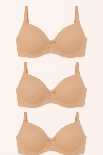 Dolgulu Balenli Fiyonklu Ten Rengi Sütyen 3’lü Set – Şık ve Rahat - Resim 3