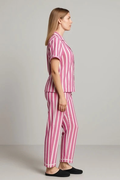Kadın Pamuklu Beyaz Çizgili Pijama Takımı - Resim 3