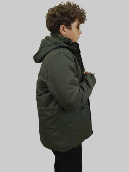 Erkek Kışlık Çıkma Kapüşonlu Koyu Yeşil Kaban Parka - Resim 2