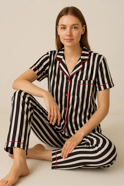 Kadın Pamuklu Siyah Çizgili Pijama Takımı - Resim 2