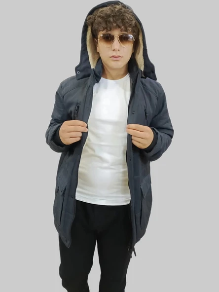 Erkek Çıkma Kapüşonlu İçi Kürklü Kanvas Antrasit Parka Kaban - 5