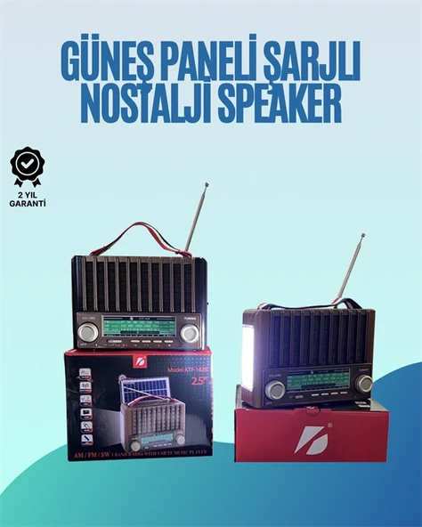KTF-1428 Nostaljik Solar Enerjili Bluetooth Speaker – Radyo, SD/USB MP3 Çalar, Güçlü Taşınabilir Hoparlör - 2