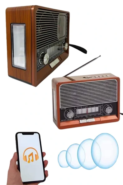 Saatli Fenerli Bluetooth Nostaljik Radyo AUX SD USB Girişli Bluetooth Hoparlör - Resim 2