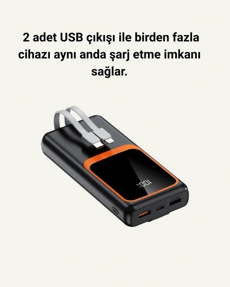 Dijital Ekranlı 20.000 mAh Powerbank | 22.5W Hızlı Şarj + Çoklu Bağlantı Seçeneği - 4