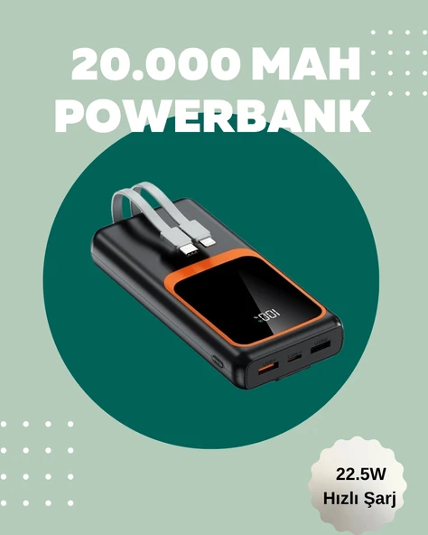 Dijital Ekranlı 20.000 mAh Powerbank | 22.5W Hızlı Şarj + Çoklu Bağlantı Seçeneği - 1