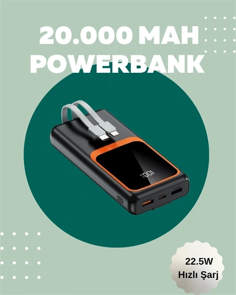 Dijital Ekranlı 20.000 mAh Powerbank | 22.5W Hızlı Şarj + Çoklu Bağlantı Seçeneği - 2
