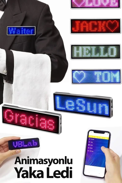 Matrix Kayan Led Yaka Rozeti Mobil Kontrollü Dijital Etiket 9×3cm ürün görseli 1