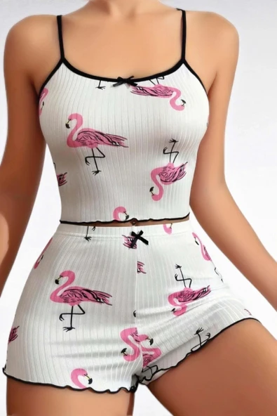 Litae Pamuklu Beyaz Üstüne Pelikan Desen Fitilli Askılı Şortlu Pijama Takımı ürün görseli 1