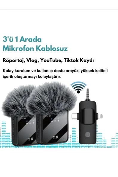 Yüksek Kalite Profesyonel 3 In 1 Kablosuz Taşınabilir Yaka Mikrofonu Tüylü ürün görseli 1