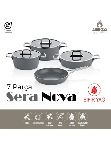 AMBOSS Sera Nova 7 Parça Seramik Tencere Tava Seti Gri - 5