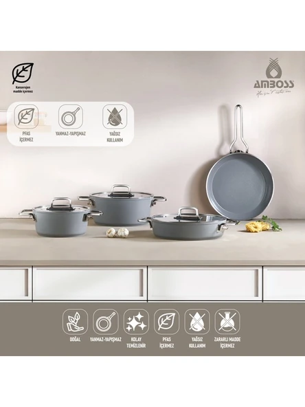 AMBOSS Sera Nova 7 Parça Seramik Tencere Tava Seti Gri - 6