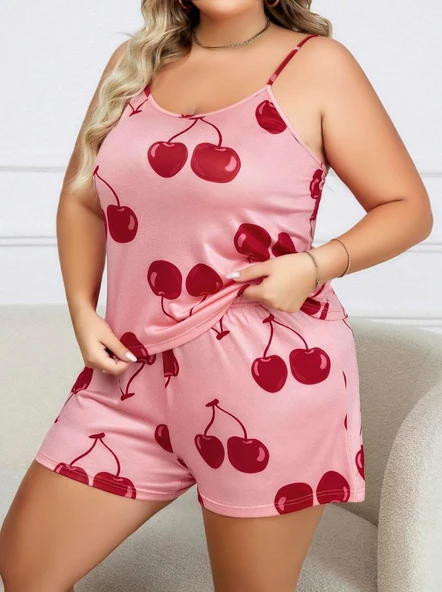 Litae Büyük Beden Pembe Kiraz Desen İnce Askılı Pamuklu Şortlu Pijama Takımı - 2