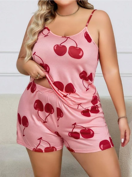 Litae Büyük Beden Pembe Kiraz Desen İnce Askılı Pamuklu Şortlu Pijama Takımı - 1