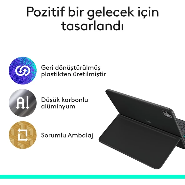 Logitech Flip Folio iPad Pro 11 inç (M4), iPad Air 11 inç (M2 ve M3), iPad Air (5. Nesil) ile Uyumlu Türkçe Klavyeli Tablet Kılıfı, Siyah - Resim 5