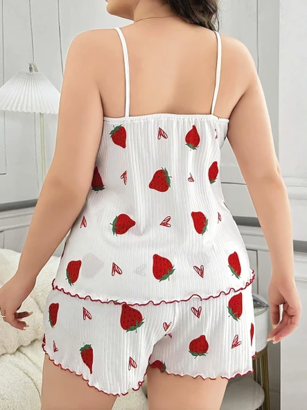 Litae Büyük Beden Çilek Desen Pamuklu Şortlu Pijama Takımı - 4