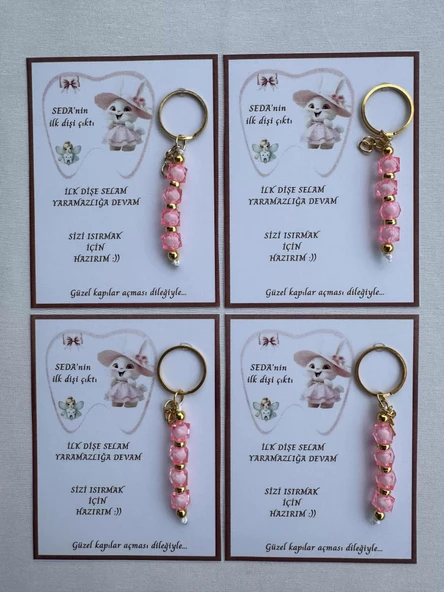 24 Adet Pembe Renk İsme Özel İlk Dişim Çıktı Diş Partisi Diş Buğdayı Hatırası Hediyelik Anahtarlık - Resim 4
