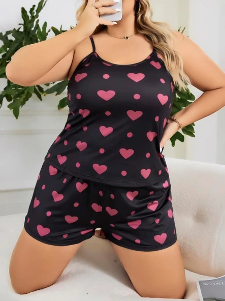 Litae Büyük Beden Siyah Kalp Desen İnce Askılı Pamuklu Şortlu Pijama Takımı - 1