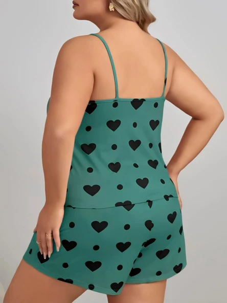 Litae Büyük Beden Yeşil Kalp Desen Pamuklu Şortlu Pijama Takımı - 3