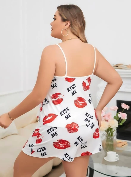 Litae Büyük Beden Kiss Me Öpücük Desen Pamuklu Şortlu Pijama Takımı - Resim 3