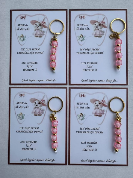48 Adet Pembe Renk İsme Özel İlk Dişim Çıktı Diş Partisi Diş Buğdayı Hatırası Hediyelik Anahtarlık - Resim 2