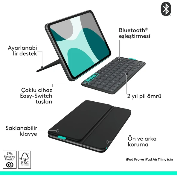 Logitech Flip Folio iPad Pro 11 inç (M4), iPad Air 11 inç (M2 ve M3), iPad Air (5. Nesil) ile Uyumlu Türkçe Klavyeli Tablet Kılıfı, Siyah - Resim 4