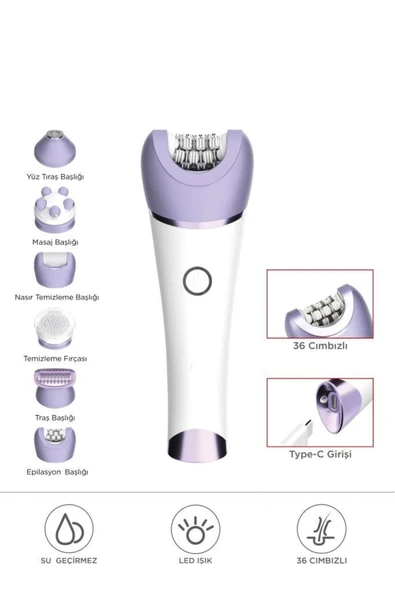 TEP-02 Beyaz 6 Başlıklı (Yüz+Koltuk Altı+Bikini Bölgesi+Bacak) Islak Ve Kuru Kablosuz Epilatö
